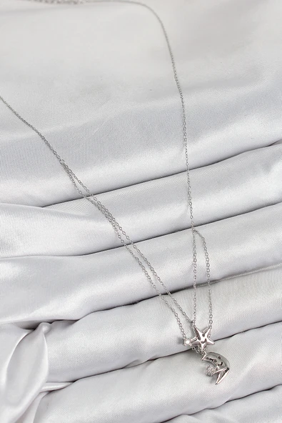 Pirinç Zirkon Taşlı Yıldız Ve Ay Model Gümüş Renk Kadın Kolye - TJ-BKO10423 - Resim 2