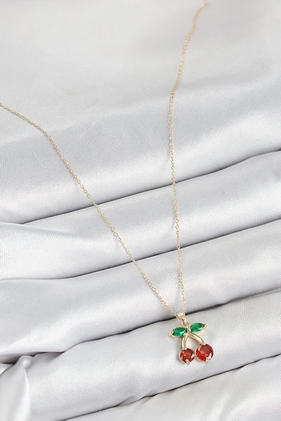 Pirinç Zirkon Taşlı Kiraz Model Gold Renk Kadın Kolye - TJ-BKO10420 - Resim 2