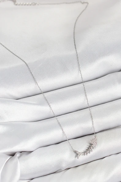 Pirinç Zirkon Taşlı Balık Kılçığı Model Gümüş Renk Kadın Kolye - TJ-BKO10413 - Resim 2