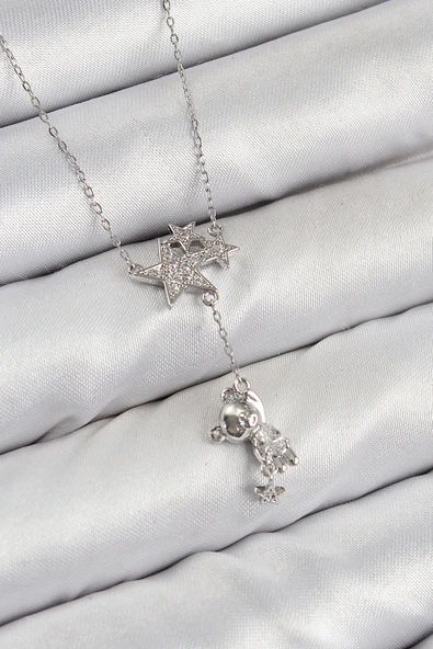 Pirinç Zirkon Taşlı Sallantılı Ayıcıklı Yıldız Model Gümüş Renk Kadın Kolye - TJ-BKO10419 ürün görseli