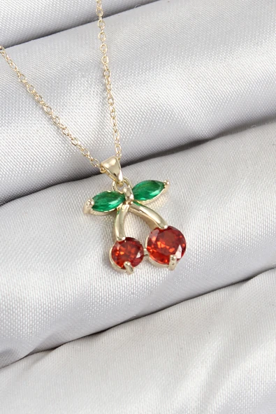 Pirinç Zirkon Taşlı Kiraz Model Gold Renk Kadın Kolye - TJ-BKO10420 ürün görseli