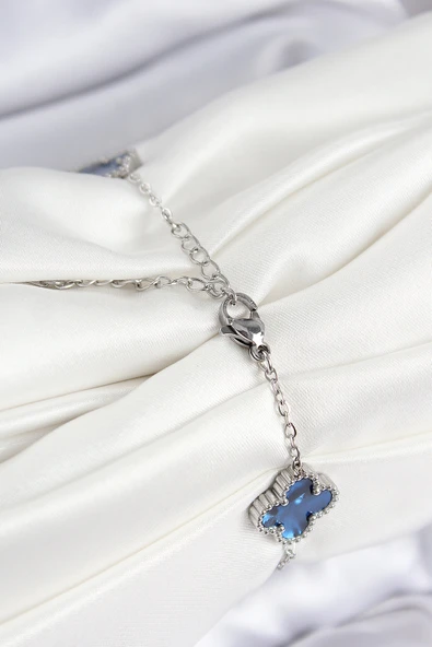 316L Çelik Sedefli Lacivert Gümüş Renk Yonca Kadın Bileklik - TJ-BB7671 - Resim 2