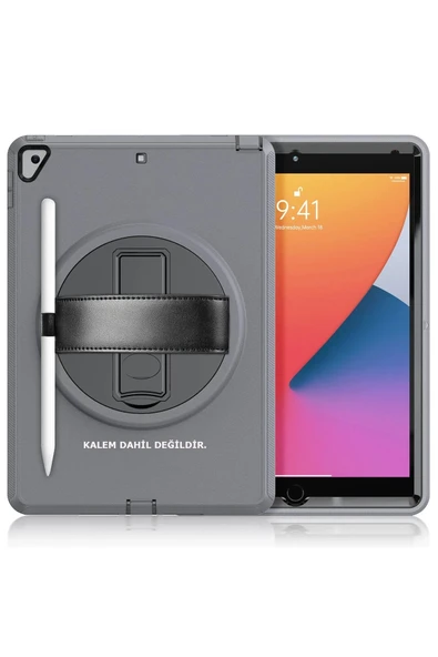 iPad 10.2 (7.nesil) Kılıf Hand Strap Tablet Kılıfı - Gri ürün görseli 1