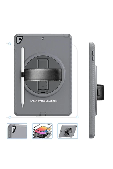 iPad 10.2 (7.nesil) Kılıf Hand Strap Tablet Kılıfı - Gri - Resim 2