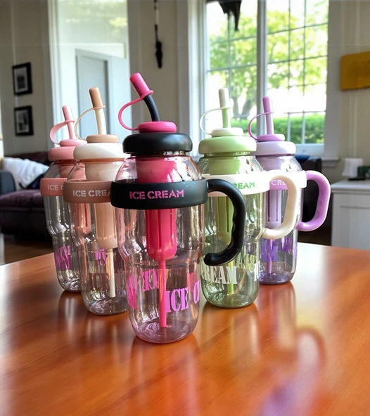 1300 ml Kulplu Suluk Matara Detox ve Soğuk İçecek Şişesi Pipetli Suluk Taşınabilir BPA içermez Pembe - 4