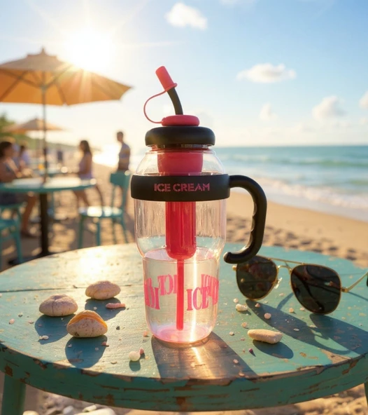 1300 ml Kulplu Suluk Matara Detox ve Soğuk İçecek Şişesi Pipetli Suluk Taşınabilir BPA içermez Pembe - 3