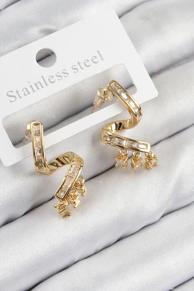 Pirinç Zirkon Taşlı Kıvrımlı Model Gold Renk Kadın Küpe - TJ-BKP11112 ürün görseli