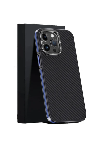 iPhone 15 Pro Kılıf Aramid 600D Kevlar Karbon Fiber Magsafe Kapak - Lacivert - 3
