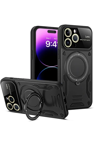 iPhone 15 Pro Kılıf Joy Lens Standlı Kapak - Siyah