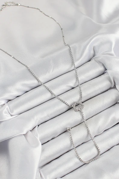 Pirinç Zirkon Taşlı Kalp Model Gümüş Renk  Y Kolye - TJ-BKO10447 - Resim 2