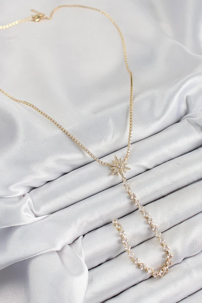 Pirinç Zirkon Taşlı Kutup Yıldızı Model Gümüş Renk Y Kolye - TJ-BKO10448 - Resim 2