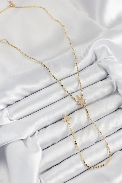 Pirinç Zirkon Taşlı Ezme Zincirli Kutup Yıldızı Model Gold Renk Y Kolye - TJ-BKO10463 - Resim 2