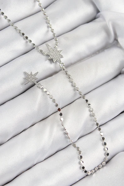 Pirinç Zirkon Taşlı Ezme Zincirli Kutup Yıldızı Model Gümüş Renk Y Kolye - TJ-BKO10462 ürün görseli