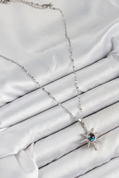 316L Çelik Zirkon Taşlı Kutup Yıldızı Model Gümüş Renk Kadın Kolye - TJ-BKO10443 - Resim 2