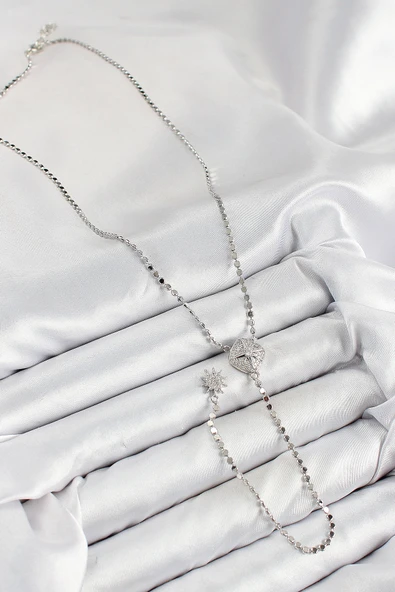 Pirinç Zirkon Taşlı Ezme Zincirli Madalyon Model Gümüş Renk Y Kolye - TJ-BKO10470 - Resim 2