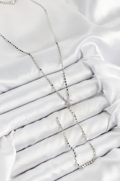 Pirinç Zirkon Taşlı Ezme Zincirli Deniz Yıldızı Model Gümüş Renk Y Kolye - TJ-BKO10466 - Resim 2