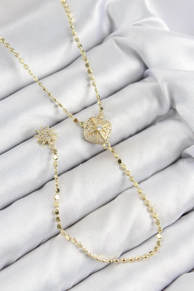 Pirinç Zirkon Taşlı Ezme Zincirli Madalyon Model Gold Renk Y Kolye - TJ-BKO10471 ürün görseli