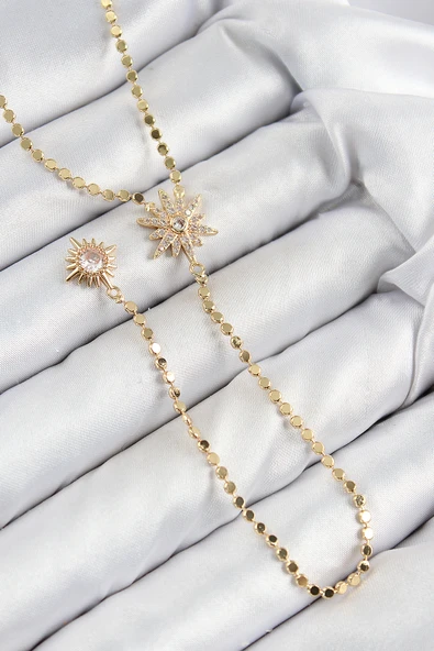 Pirinç Zirkon Taşlı Ezme Zincirli Kutup Yıldızı Model Gold Renk Y Kolye - TJ-BKO10469 ürün görseli