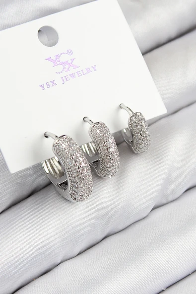 Pirinç Zirkon Taşlı 3'lü Halka Model Gümüş Renk Kadın Küpe - TJ-BKP11123 ürün görseli