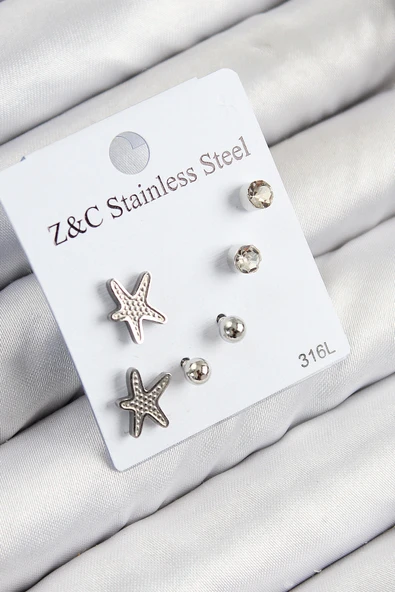 316L Çelik Zirkon Taşlı Deniz Yıldızı Model Gümüş Renk Kadın Set Küpe - TJ-BKP11119 ürün görseli