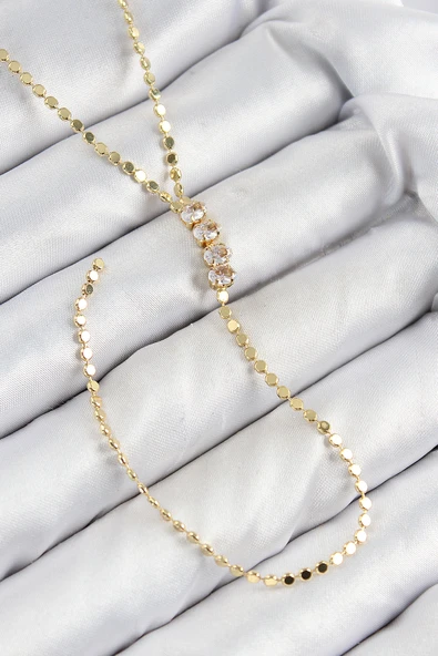 Pirinç Zirkon Taşlı Ezme Zincirli Model Gold Renk Y Kolye - TJ-BKO10465 ürün görseli