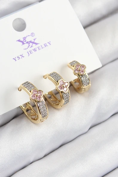 Pirinç Zirkon Taşlı 3'lü Halka Yonca Model Gold Ve Gümüş Renk Kadın Küpe - TJ-BKP11152 - 1