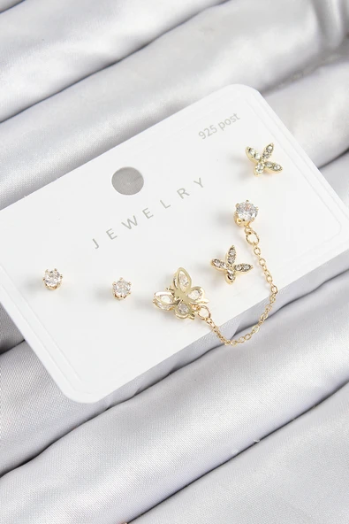 Pirinç Zirkon Taşlı Kelebek Model Gold Renk 925 Ayar Gümüş Çivi Kadın Küpe Set - TJ-BKP11160 ürün görseli