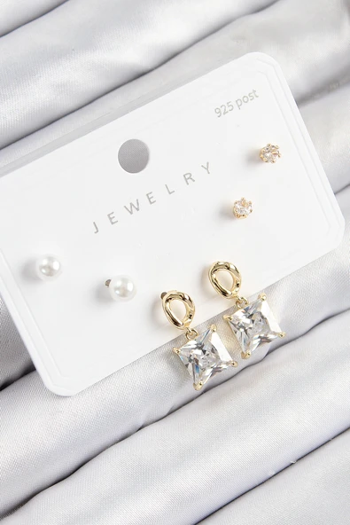 Pirinç Zirkon Taşlı Sallantılı Kare Model Gold Renk 925 Ayar Gümüş Çivi Kadın Küpe Set - TJ-BKP11162 ürün görseli