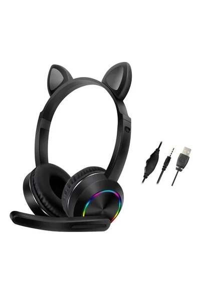 AKZ020 Kafa Üstü Işıklı Kedi Kulaklık - Siyah