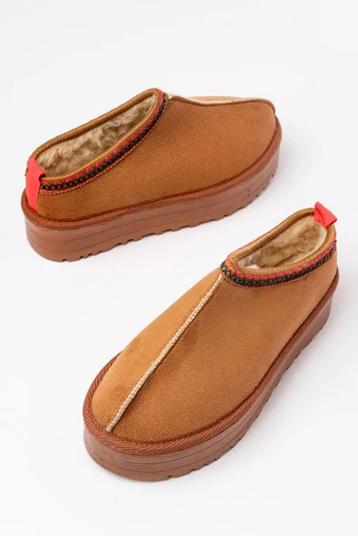 NDR-2888 Taba Süet İçi Kürklü Kışlık Kapalı Burun Kadın Günlük Terlik - Resim 4