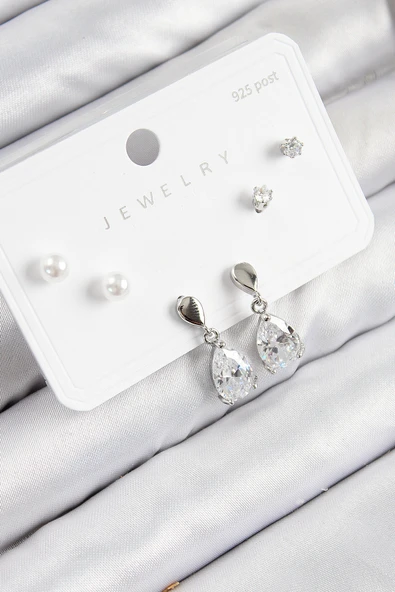 Pirinç Zirkon Taşlı Sallantılı Damla Model Gümüş Renk 925 Ayar Gümüş Çivi Kadın Küpe Set - TJ-BKP11171 ürün görseli