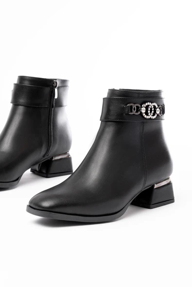 RM-502 Siyah Toka Aksesuarlı Topuklu Fermuarlı Günlük Kadın Bot - 5