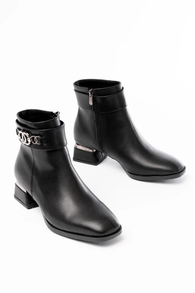 RM-502 Siyah Toka Aksesuarlı Topuklu Fermuarlı Günlük Kadın Bot - 3