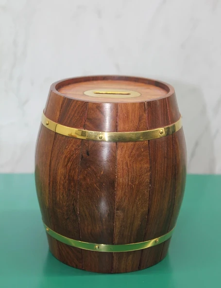Pirinç Ahşap Fıçı Kumbara ürün görseli 1