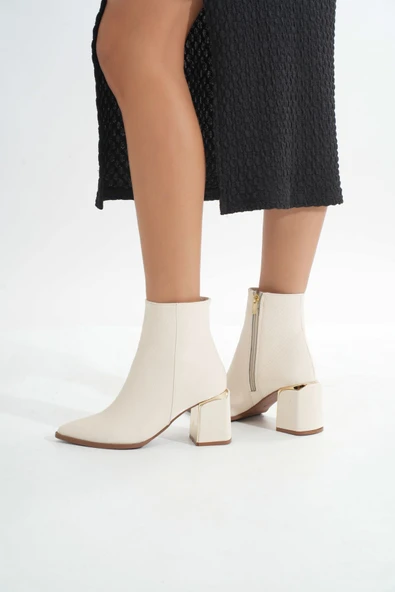 DNZ-409 Bej Fermuarlı Topuklu Kadın Günlük Bot