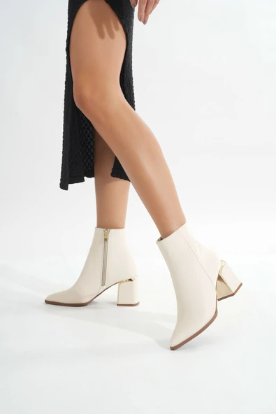 DNZ-409 Bej Fermuarlı Topuklu Kadın Günlük Bot - 2