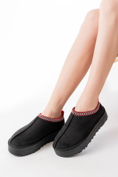 NDR-2888 Siyah Süet İçi Kürklü Kışlık Kapalı Burun Kadın Günlük Terlik - Resim 2