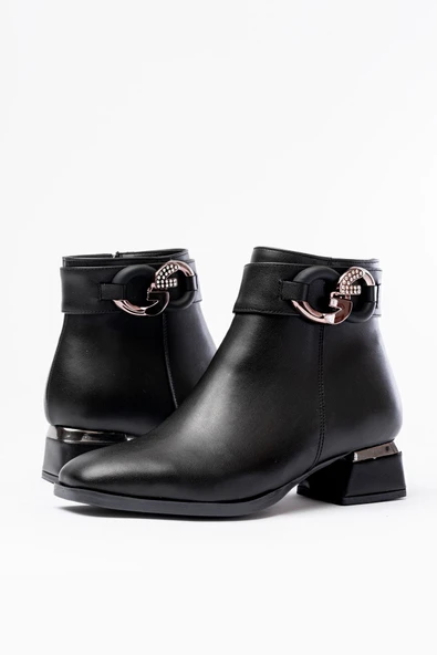 RM-504 Siyah Toka Aksesuarlı Topuklu Fermuarlı Günlük Kadın Bot - 4