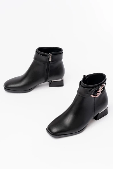 RM-504 Siyah Toka Aksesuarlı Topuklu Fermuarlı Günlük Kadın Bot - 3