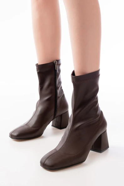 MSK-033 Streç Kahve Topuklu Fermuarlı Kadın Bot - 4