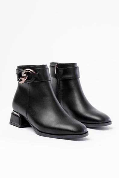 RM-504 Siyah Toka Aksesuarlı Topuklu Fermuarlı Günlük Kadın Bot - 5