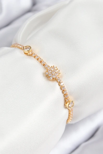 Pirinç Zirkon Taşlı Kar Tanesi Model Gold Renk Asansörlü Kadın Bileklik - TJ-BB7723 ürün görseli