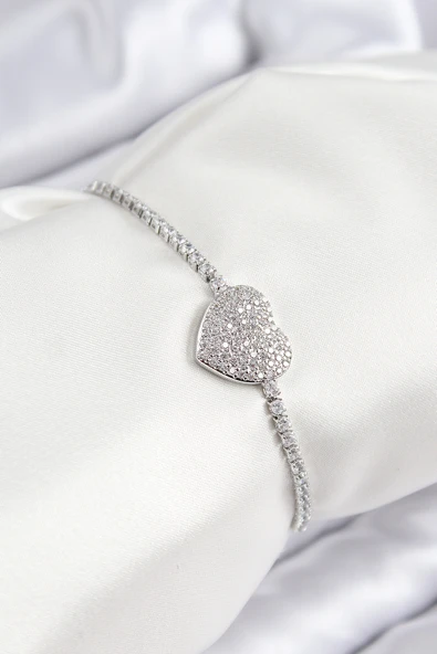 Pirinç Zirkon Taşlı Kalp Model Gümüş Renk Asansörlü Kadın Bileklik - TJ-BB7746 ürün görseli