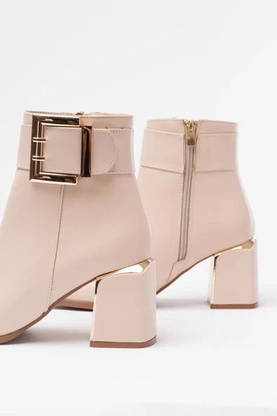 DNZ-400 Bej Toka Aksesuarlı Topuklu Fermuarlı Günlük Kadın Bot - 5