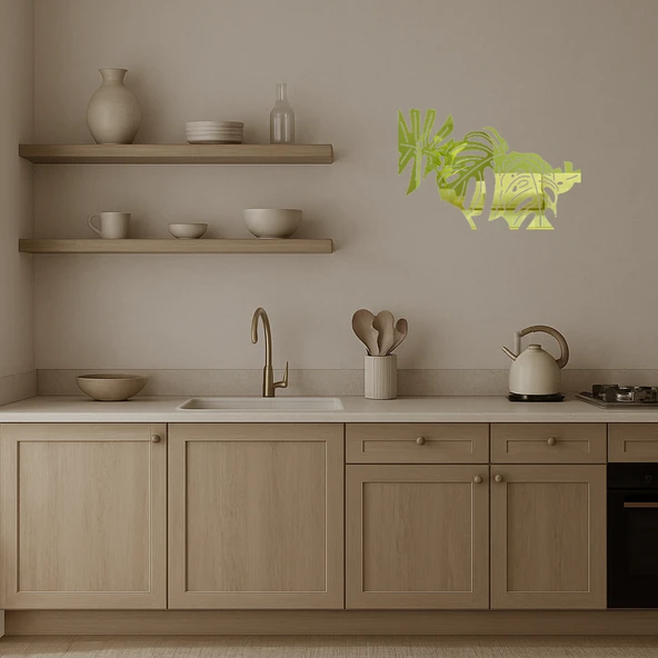 Tropikal Monstera Desenli  Duvar Altın Aynalı Tablosu - 3