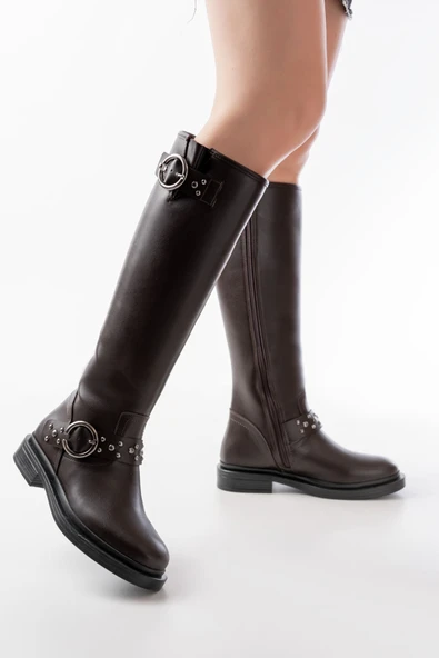 2024-3004 Kahverengi Toka Aksesuarlı Lastikli Fermuarlı Günlük Kadın Çizme - 3