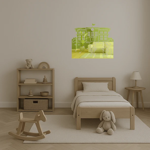 Öğrencili Okul Binası Dekoratif Altın Aynalı Tablo - 4