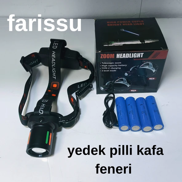 25-30W 6800mAh Zoomlu Kafa Feneri – 1000 Lümen, 1 KM Menzil, 4 Adet 18650 Pil yedek pilli