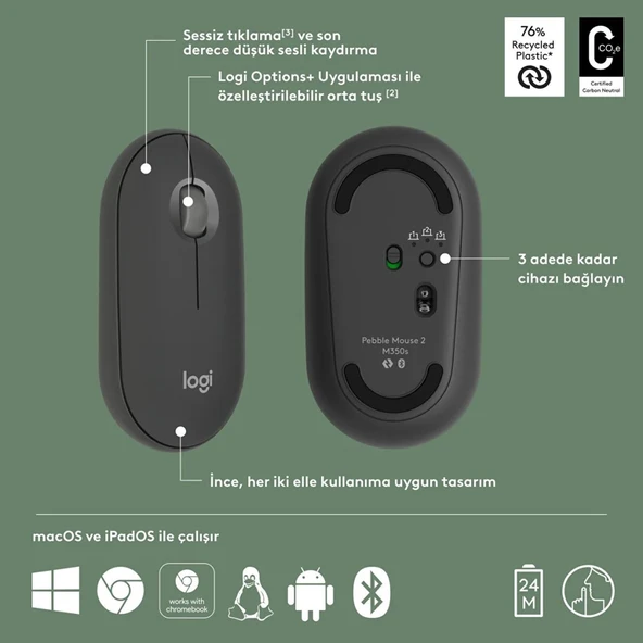 LOGITECH PEBBLE 2  M350S GRAFIT KABLOSUZ SESSİZ MOUSE 910-007015 - 4