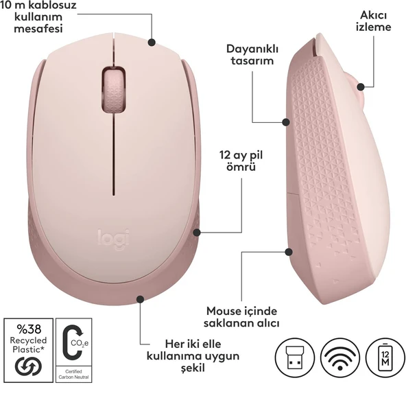 LOGITECH M171 KABLOSUZ  MOUSE ROSE 910-006865 - Resim 4